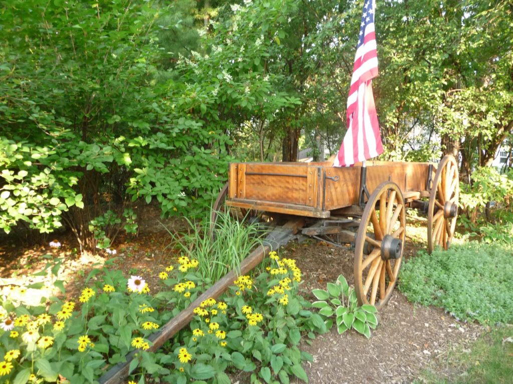 YELLOW PERINNIAL FLOWERS WITH WAGON AS OUTDOOR DECOR