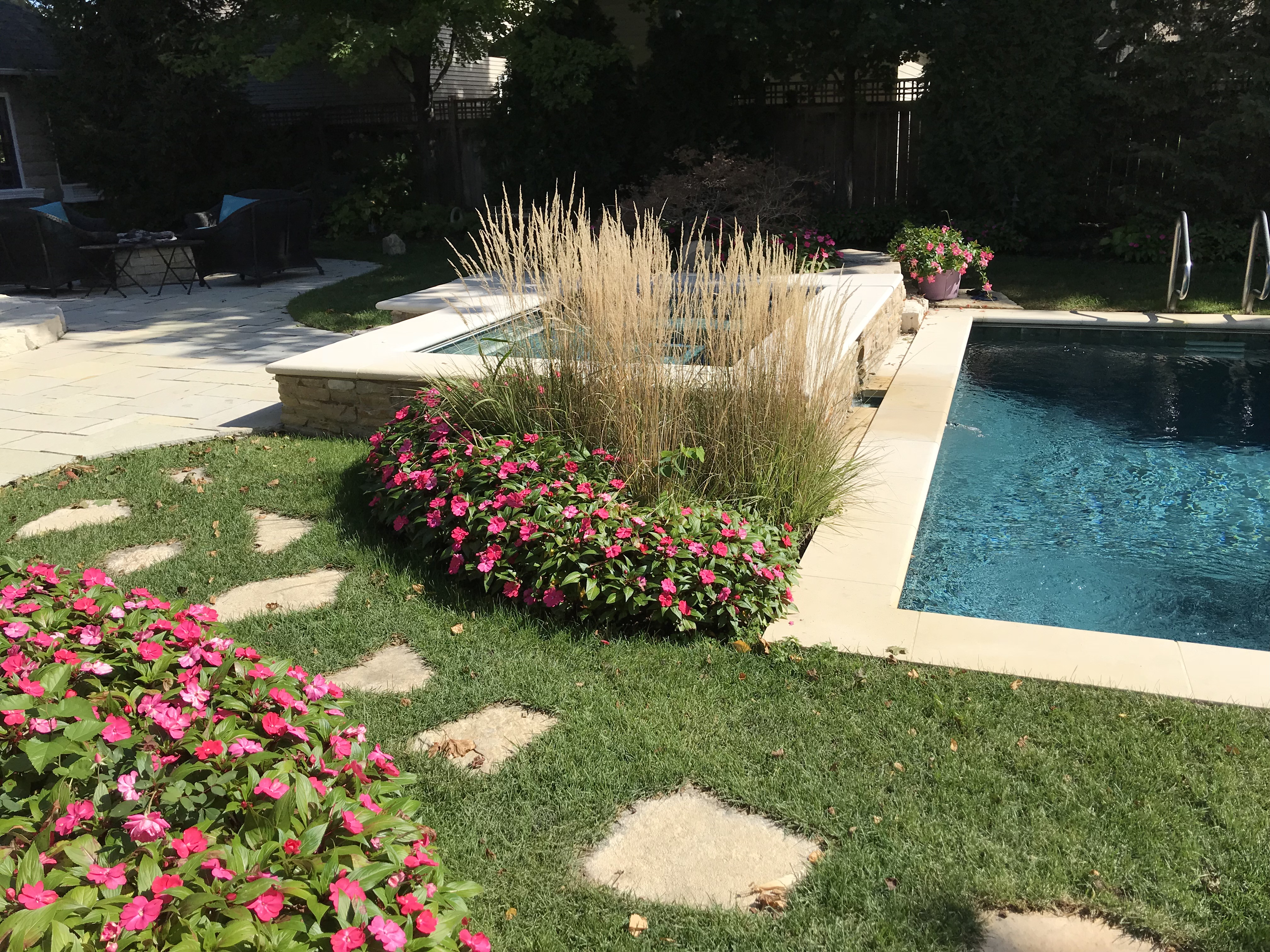 AFTER PICTURE OF POOL SIDE WTH PERENNIAL FLOWERS INSTALLED BY DEBBIE DANEK